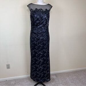 DAVID MEISTER black sequin ruched evening gown